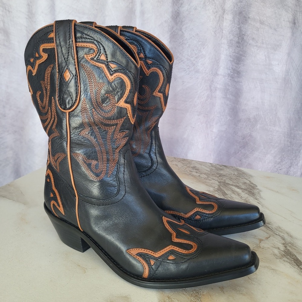 Coldwater Creek Wingtip Western Cowgirl Boots Black/Brown Women's Size 7 M
